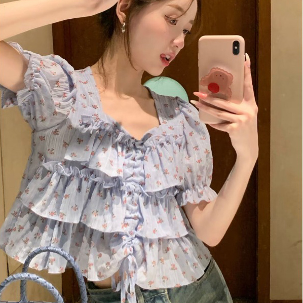 Sweet Ruffle Square Neck Short Sleeve Shirt