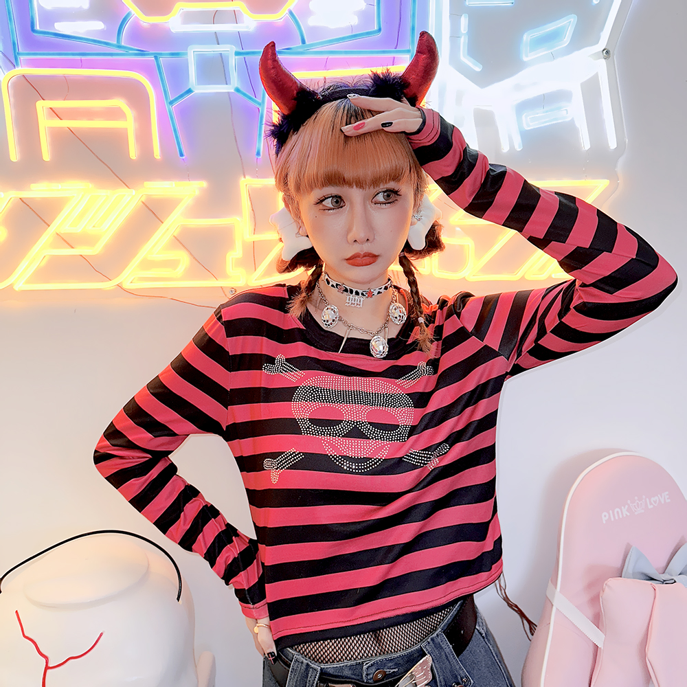 Harajuku Y2K striped punk trendy long-sleeved top T-shirt