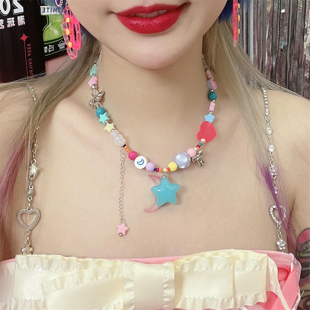 Y2K Colorful Beaded Bunny Star Necklace